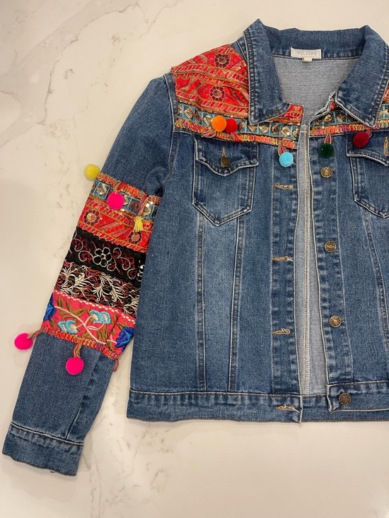 Velzera Jackets & Blazers - Velzera Women’s Denim Jacket with Multicolor Embroidered Panels and Pom-Poms